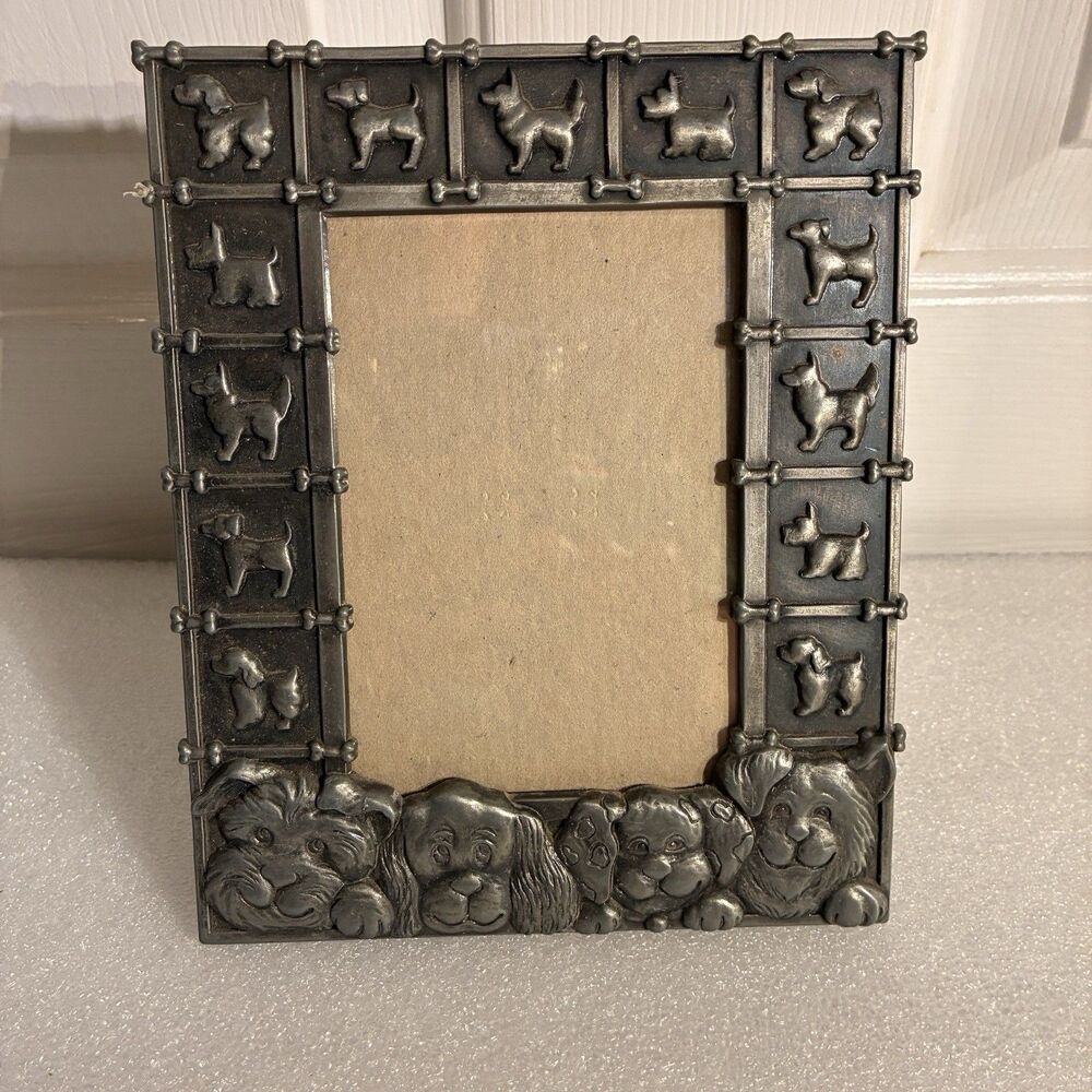 Pewter Picture Frame W/4 Dogs Faces & Trimmed W/ Dog Silhouette & Bones. 4”x6”